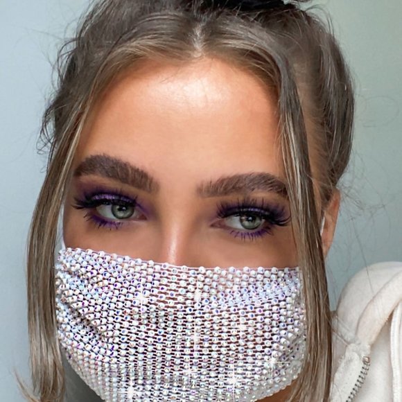 White Rhinestone Mesh Face Mask - Picture 6 of 9